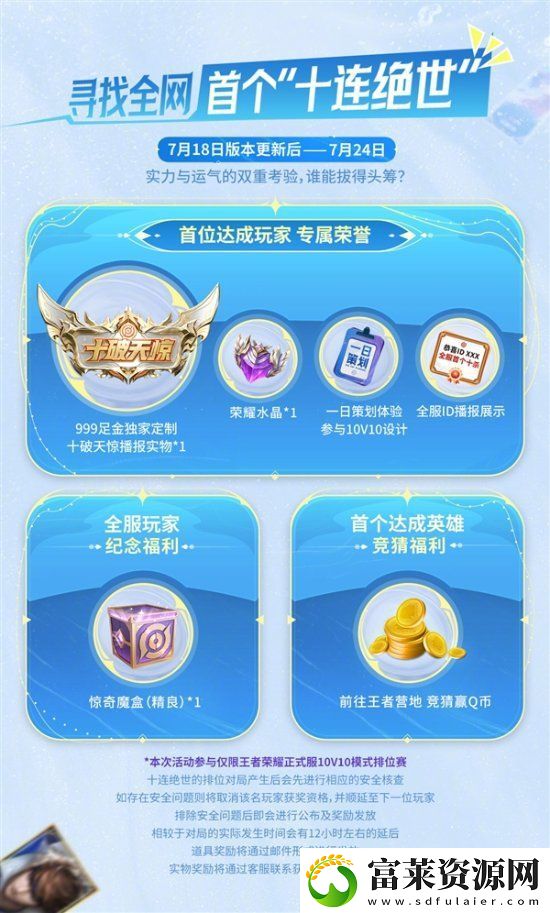 王者荣耀10V10正式上线首个10杀玩家送足金定制播报